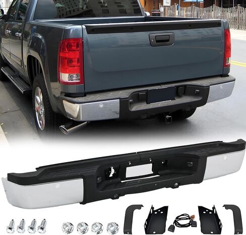 Rear Step Bumper Assembly for 2007 2008 2009 2010 Chevy Silverado 2500HD 3500HD/GMC Sierra 2500HD 3500HD without Park Sensor Holes Chrome Back Bumper Replacement for GM1103150 in Saudi Arabia