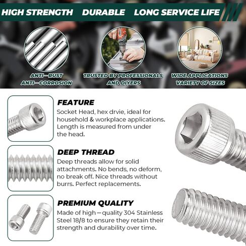 براغي غطاء رأس المقبس 5/16-18 × 3-1/2 بوصة (10 قطع)، 304 من الفولاذ المقاوم للصدأ 18/8، محرك ألين سداسي، براغي أثاث الترفيه المنزلي، فايبلو (مع مفتاح ربط سداسي) in Kuwait