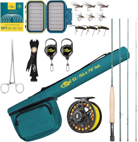 SF Fly Fishing Rod Combo Starter Kit شبه لامع لمسة نهائية من اليشم الأخضر 24T من ألياف الكربون سمك السلمون المرقط للسفر مع بكرة، علبة قضيب الطيران، صندوق الطيران، الذباب، زعيم مدبب، أدوات ربط العقدة in Kuwait