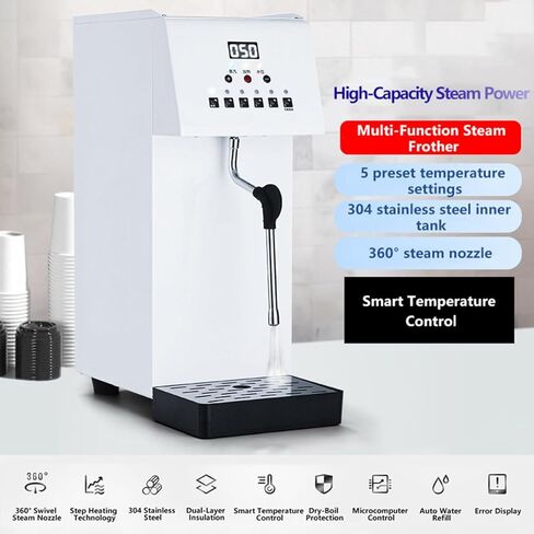 Automatic Milk Frother and Steamer, 2500W Electric Milk Frother and Steamer, Steam Boiling Hot Water Dispenser, 5-Temp Presets, Single 360° Steam Wands, 6l Stainless Steel Tank, LED Display in Saudi Arabia