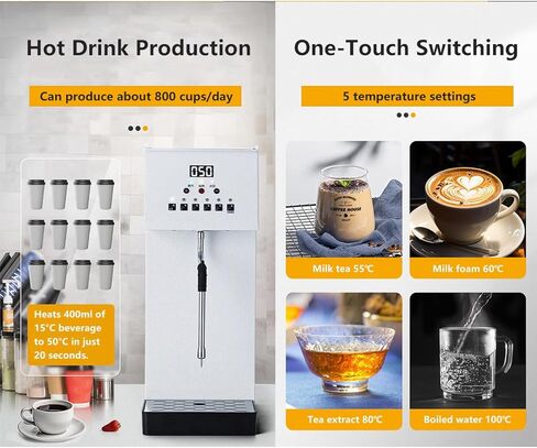 Automatic Milk Frother and Steamer, 2500W Electric Milk Frother and Steamer, Steam Boiling Hot Water Dispenser, 5-Temp Presets, Single 360° Steam Wands, 6l Stainless Steel Tank, LED Display in Saudi Arabia