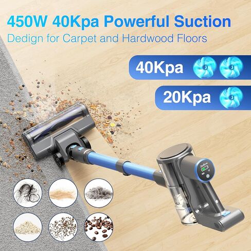 Zefiro Cordless Vacuum Cleaner for Home,450W /40Kpa 50Mins Stick Vacuum,Anti-Tangle 1.5L Dust Cup, Rechargeable Wireless Handheld Vacuum for Pet Hair/Carpet/Floor in Saudi Arabia