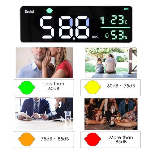 مقياس ديسيبل، من 30 إلى 130 ديسيبل 11 بوصة LED قابل للتعديل للسطوع على الحائط للتعليق على الحائط، مقياس مستوى الصوت، مقياس درجة الحرارة والرطوبة للمنازل والفصول الدراسية in Kuwait