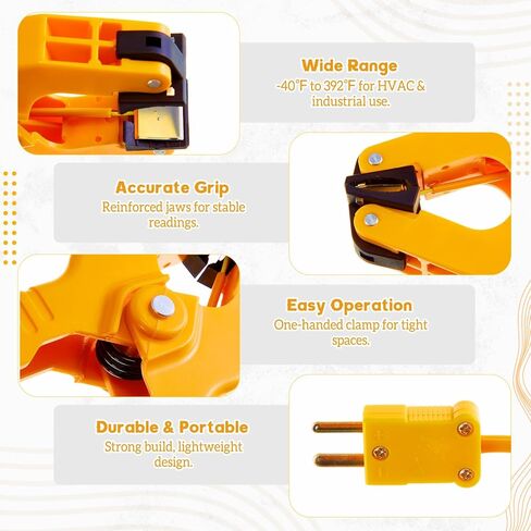 4 Pcs Temperature Clamp HVAC K Type Thermocouple Thermometer Lead Probe Pipe Clip Multimeter Sensor Jaw Clip Plumbing Clamp Measures -40~392℉ for Heating and Cooling System in Saudi Arabia