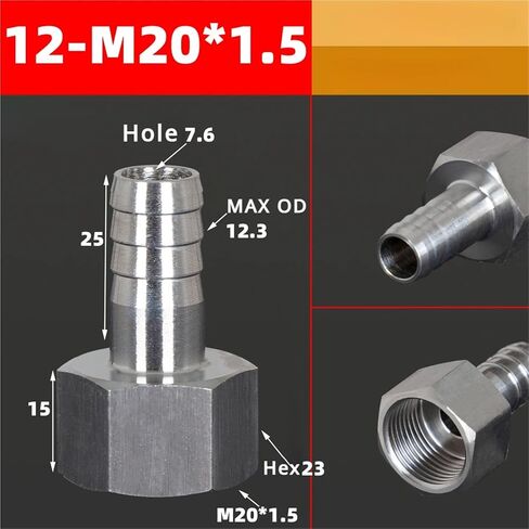 6 8 10 12mm Hose x M10 M12 M14 M16 M18 M20 Metric Female 304 Stainless Steel Coupler Pipe Fitting Connector High Pressure(12-M20x1.5) Plumbing Fittings in Saudi Arabia