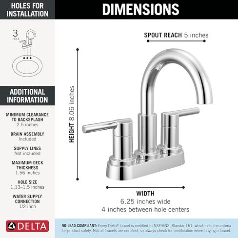 Delta Nicoli Centerset Chrome Bathroom Faucet, 4 Inch 3 Hole Bathroom Sink Faucet for Vanity, Push-Pop Drain Assembly, Chrome 25749LF in Saudi Arabia