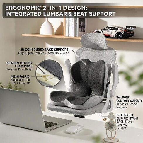 Seat Cushion Premium Ergonomic Memory Foam Car & Office Chair Seat Cushion - Orthopedic Lumbar Support for Back Pain Relief, Non-Slip Design for Car, Truck, Home Chair & Office Seat in Saudi Arabia