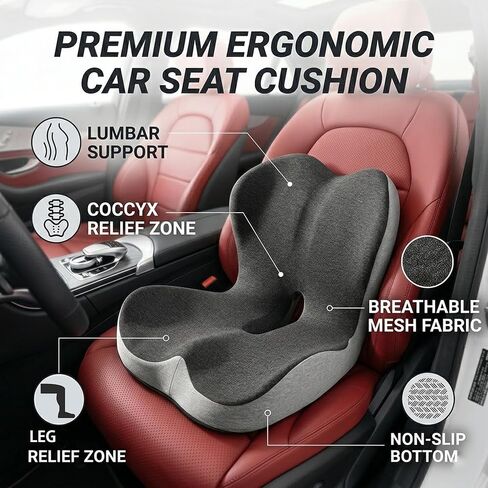 Seat Cushion Premium Ergonomic Memory Foam Car & Office Chair Seat Cushion - Orthopedic Lumbar Support for Back Pain Relief, Non-Slip Design for Car, Truck, Home Chair & Office Seat in Saudi Arabia