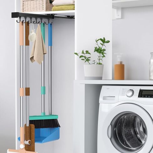 Pull Out Broom Holder With Adjustable Double Row Sliding Hook, Multifunctional Slide Broom And Mop Storage/Organizer Garage Organization Hooks, for Closet Laundry Garage Cupboard - 46cm/18.11inch in Saudi Arabia