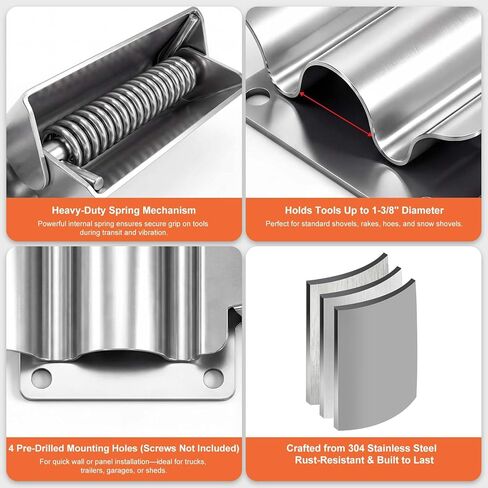 حامل مجارف من الفولاذ المقاوم للصدأ محمل بنابض SH675SS - حامل أدوات عالي التحمل للشاحنات القلابة والمقطورات والمرآب وجدران السقيفة - يحمل المجارف والمجارف والمعاول وأدوات الثلج بشكل آمن in Kuwait