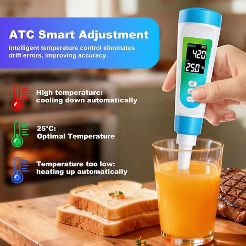مقياس درجة الحموضة للأغذية شبه الصلبة والسائلة، غطاء آمن لملامسة الطعام، دقة ±0.01، ATC، مقاوم للماء، شاشة LCD ملونة، 3 حلول معايرة متضمنة in Saudi Arabia