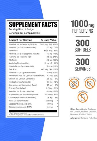 BulkSupplements.com فيتامينات متعددة للنساء 50 كبسولة هلامية - فيتامينات يومية للنساء، مكملات متعددة المعادن - فيتامينات متعددة كاملة مع زيت السمك - كبسولة هلامية واحدة لكل وجبة، 300 قطعة (عبوة من قطعة واحدة) in Saudi Arabia