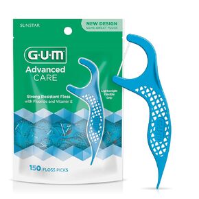 GUM Advanced Care Floss Picks - Dental Flossers for Adults with Vitamin E and Fluoride - Extra Strong Shred-Resistant Dental Floss, Easy Grip Handle, Fresh Mint Flavor, 150 Count in Kuwait