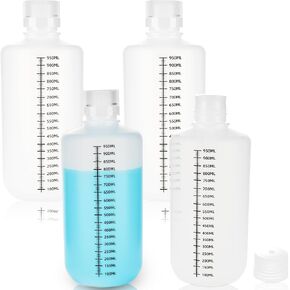4 Pcs Narrow Mouth Plastic Lab Bottle 32 OZ/ 1000 ML PP Translucent Grade Graduated Reagent Bottle with Cap for Laboratory Chemicals Liquid Drugs Pill Sample Medicine Water Storage in Kuwait