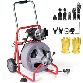 ألبوت آلة تنظيف الصرف الكهربائية بطول 100 قدم × 3/8 بوصة مع تغذية تلقائية و9 قواطع، أوجير ثعبان الصرف الصحي لأنابيب 1-4 بوصة، ومفتاح القدم والعجلات، مثالية للاستخدام المنزلي والتجاري، رمادي/أحمر in Kuwait