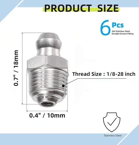 6 Pcs 304 Stainless Steel Straight Grease Fitting 1/8-28inch Thread Hydraulic Grease Fitting Accessories with 10 Pcs Dust Cover Cap in Kuwait