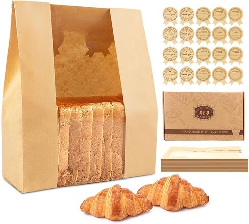 أكياس خبز Keq لخبز الخبز محلي الصنع مع أكياس الخبز من النافذة-50 PCs مع 60 أكياس مخبز ملصقات اللطيفة (10 كتابة). in Kuwait