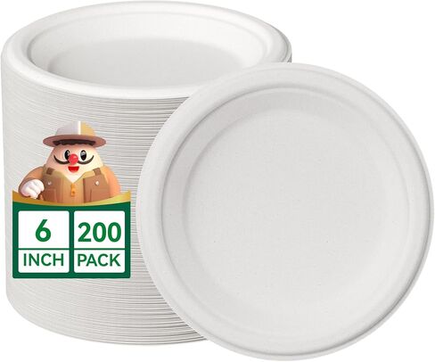 JOLLY CHEF 100% Compostable Small Paper Plates, 200 Pack 6 Inch Heavy Duty Dessert Plates, Disposable Biodegradable Eco-Friendly Sugarcane, Bulk White in Saudi Arabia