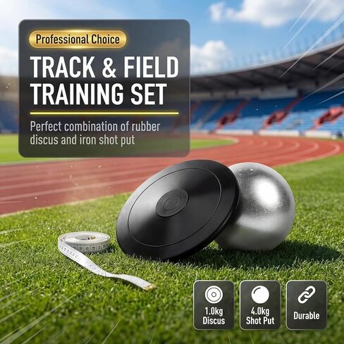 مجموعة رمي القرص - قرص مطاطي 1 كجم و8.8 رطل من الحديد الزهر، معدات المسار والميدان الرسمية للصغار لرماة الشباب، مجموعة تدريب رياضي خارجي/داخلي لفئة PE بالمدرسة الثانوية in Kuwait