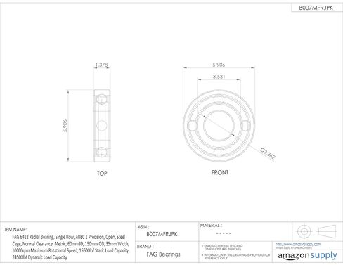 محامل FAG 6412 محمل شعاعي أحادي الصف، دقة ABEC 1، مفتوح، قفص فولاذي، خلوص عادي، متري، معرف 60 مم، 150 مم OD، عرض 35 مم، 10000 دورة في الدقيقة in Kuwait
