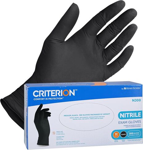 قفازات Henry Schein Criterion N300 Nitrile Exam Exam، سوداء - 300/صندوق، خالية من اللاتكس، يمكن التخلص منها، أطراف أصابع مزخرفة، أساور مطرزة in Kuwait