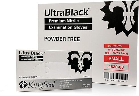 قفازات KingSeal SMALL UltraBlack Nitrile Exam Exam، درجة طبية، خالية من المسحوق، 4 مل، أطراف أصابع مزخرفة - صندوق واحد مكون من 100 قفاز حسب الوزن in Kuwait