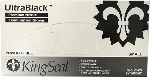 قفازات KingSeal SMALL UltraBlack Nitrile Exam Exam، درجة طبية، خالية من المسحوق، 4 مل، أطراف أصابع مزخرفة - صندوق واحد مكون من 100 قفاز حسب الوزن in Kuwait