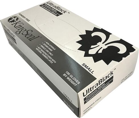 قفازات KingSeal SMALL UltraBlack Nitrile Exam Exam، درجة طبية، خالية من المسحوق، 4 مل، أطراف أصابع مزخرفة - صندوق واحد مكون من 100 قفاز حسب الوزن in Kuwait