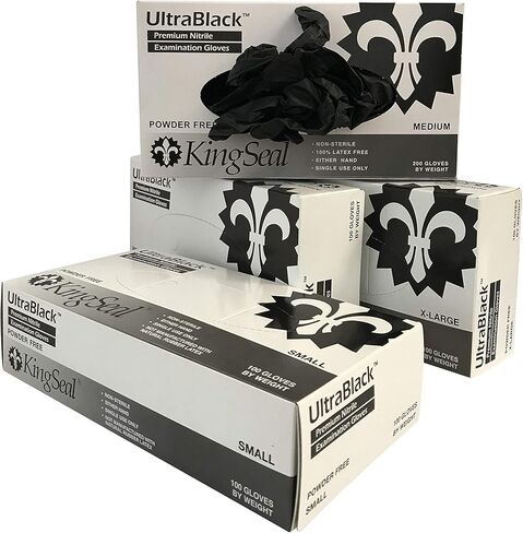 قفازات KingSeal SMALL UltraBlack Nitrile Exam Exam، درجة طبية، خالية من المسحوق، 4 مل، أطراف أصابع مزخرفة - صندوق واحد مكون من 100 قفاز حسب الوزن in Kuwait