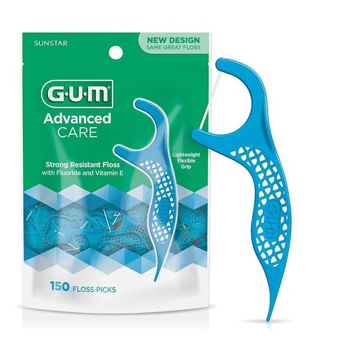 GUM Advanced Care Floss Picks - Dental Flossers for Adults with Vitamin E and Fluoride - Extra Strong Shred-Resistant Dental Floss, Easy Grip Handle, Fresh Mint Flavor, 150 Count in Saudi Arabia
