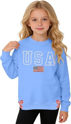 سويت شيرت Ithalt Kids USA للأولاد والبنات قميص الرابع من يوليو بلوفر وطني أمريكي مع فتحات جانبية مطرزة 5-14 سنة in Kuwait