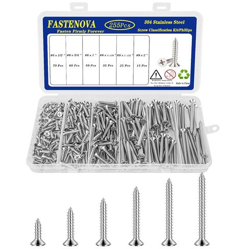 255pcs Wood Screws Assortment Kit, 304 Stainless Steel, Self - Tapping Phillips Drive, 6 Sizes:1/2" 3/4"1" 1-1/4" 1-1/2" 2" in Saudi Arabia