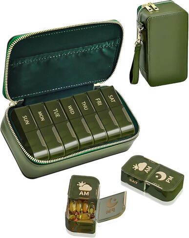 Weekly Pill Organizer AM PM, Travel Pill Case with Portable Zippered Pouch & Wrist Strap, 7 Day 14 Compartments Medicine Box for Vitamins, Supplements, BPA-Free, Gift for Women & Seniors in Saudi Arabia