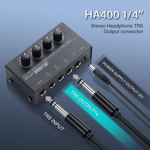 SinLoon HA400 4-Channel Stereo Headphone Amplifier, Metal Mini Audio Splitter with Independent Volume Control, 1/4" TRS Output & Input, with 12V Adapter for Studio, Stage, PC, Guitar in Saudi Arabia