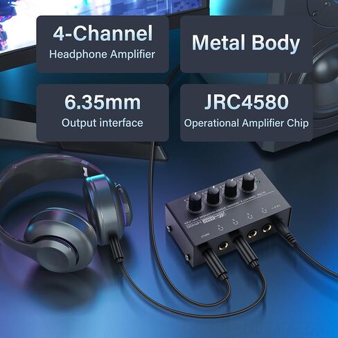 SinLoon HA400 4-Channel Stereo Headphone Amplifier, Metal Mini Audio Splitter with Independent Volume Control, 1/4" TRS Output & Input, with 12V Adapter for Studio, Stage, PC, Guitar in Saudi Arabia