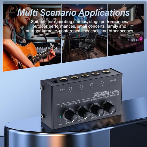 SinLoon HA400 4-Channel Stereo Headphone Amplifier, Metal Mini Audio Splitter with Independent Volume Control, 1/4" TRS Output & Input, with 12V Adapter for Studio, Stage, PC, Guitar in Saudi Arabia