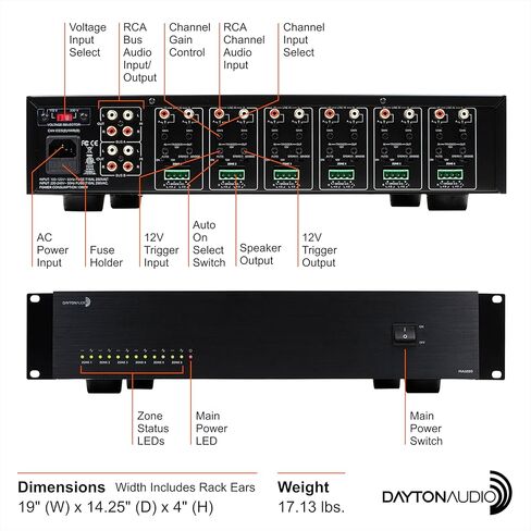 Dayton Audio MA1280 مضخم صوت متعدد المناطق 12 قناة من الفئة D، 12 × 80 وات (160 وات موصل)، 6 مناطق ستيريو، 8 مدخلات، قابل للتركيب على حامل in Saudi Arabia