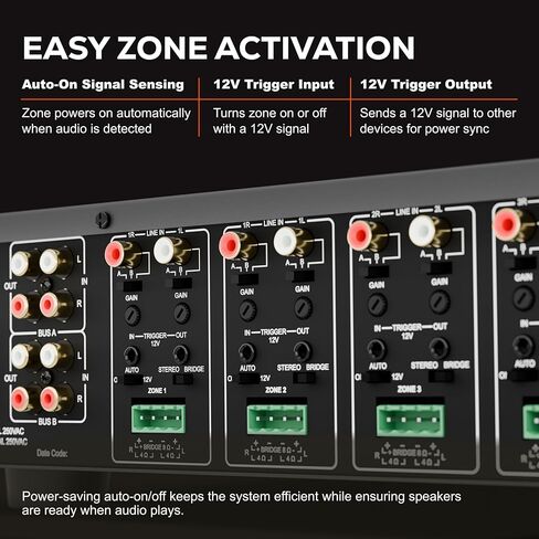Dayton Audio MA1280 مضخم صوت متعدد المناطق 12 قناة من الفئة D، 12 × 80 وات (160 وات موصل)، 6 مناطق ستيريو، 8 مدخلات، قابل للتركيب على حامل in Saudi Arabia
