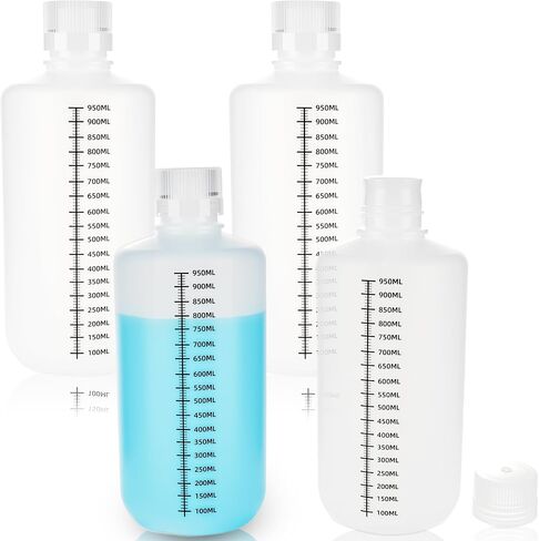4 قطع زجاجة مختبر بلاستيكية ذات فم ضيق 32 أونصة/ 1000 مل PP زجاجة كاشف متدرجة شفافة مع غطاء للمواد الكيميائية المخبرية والأدوية السائلة وعينة حبوب الدواء وتخزين المياه in Kuwait