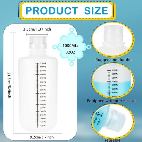 4 قطع زجاجة مختبر بلاستيكية ذات فم ضيق 32 أونصة/ 1000 مل PP زجاجة كاشف متدرجة شفافة مع غطاء للمواد الكيميائية المخبرية والأدوية السائلة وعينة حبوب الدواء وتخزين المياه in Kuwait
