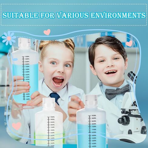 4 قطع زجاجة مختبر بلاستيكية ذات فم ضيق 32 أونصة/ 1000 مل PP زجاجة كاشف متدرجة شفافة مع غطاء للمواد الكيميائية المخبرية والأدوية السائلة وعينة حبوب الدواء وتخزين المياه in Kuwait
