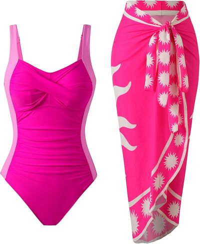 One Piece Swimsuit with Skirt Push Up Bathing Suit for Women Retro Wrap Cover Up Set in Saudi Arabia