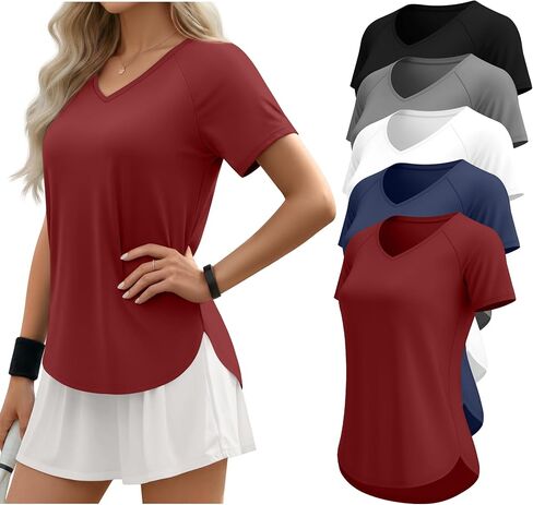 5 Pack Women Workout T-Shirts Quick Dry UPF 50+ Sun Protection Yoga Gym V Neck Raglan Tops Side Slits Curved Hem in Saudi Arabia