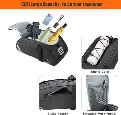 Rear Bike Rack Bag, 13.5L Waterproof Bicycle Ebike Saddle Bag Bicycle Trunk Pannier Rear Seat Bag with Reflector, Cycling Bike Carrier Backseat Storage Luggage for Commuter Travel in Saudi Arabia