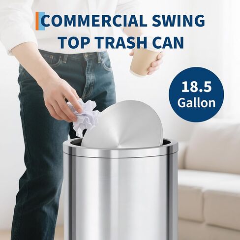 Takywep 18.5 Gallon / 70 L Swing Top Trash Can, Heavy Duty Brushed Stainless Steel Garbage Bin with 360° Swing Lid and Inner Bucket for Kitchen, Office, Restaurant, Bedroom in Saudi Arabia