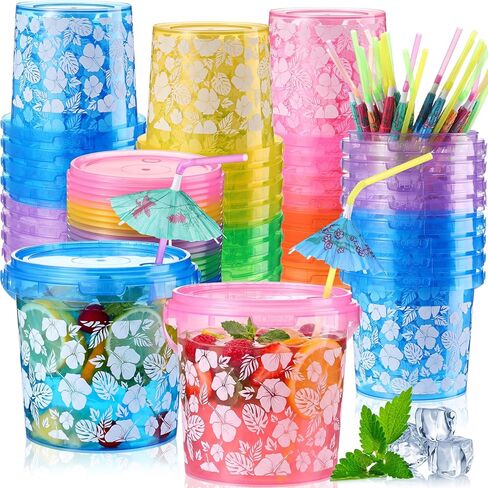 Funnymoom 24 Pcs 32 oz Hawaiian Plastic Drink Buckets with Lids and Umbrella Straws Hibiscus Luau Party Reusable Cocktail Rum Cup Beer Bucket Summer Punch Bowls for Aloha Tropical Beach Party in Saudi Arabia