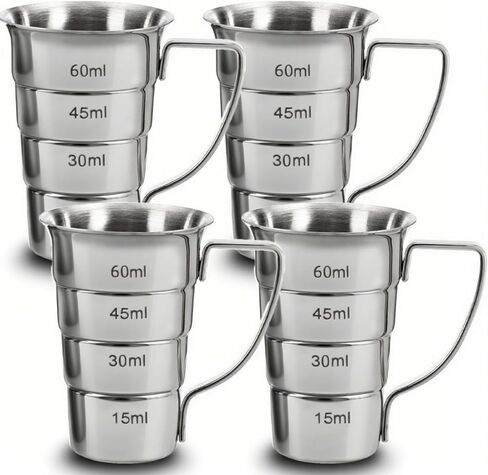 4 قطع من أدوات الركض المتدرجة بمقبض، 2 أونصة من أدوات الكوكتيل للسقاية، 304 أكواب قياس المشروبات الكحولية من الفولاذ المقاوم للصدأ، كوب قياس الجرعات لمستلزمات البار والمطاعم، آمن للاستخدام في غسالة الأطباق، فضي in Kuwait