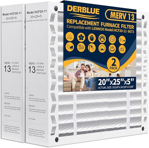 DerBlue 2PCS 20x25x5 MERV 13 Furnace Filter Replacement Compatible with Lennox X6673 HCF20 Pleated HVAC,Foldable Design for Easy Installation & Space-Saving (Actual Size: 19.75 x 24.75 x 4.38 In) in Saudi Arabia