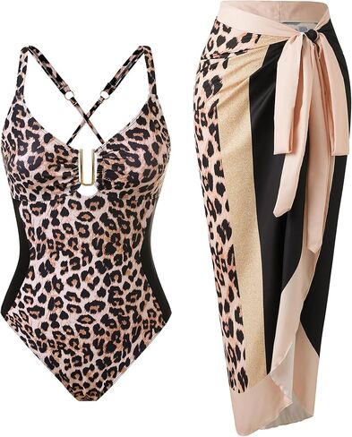YUNIDMEIM One Piece Swimsuit Women Retro Crisscross Back Tummy Control Bathing Suit Cover Up Set with Wrap Skirt in Saudi Arabia