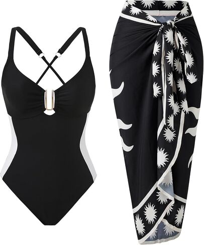 YUNIDMEIM One Piece Swimsuit Women Retro Crisscross Back Tummy Control Bathing Suit Cover Up Set with Wrap Skirt in Saudi Arabia